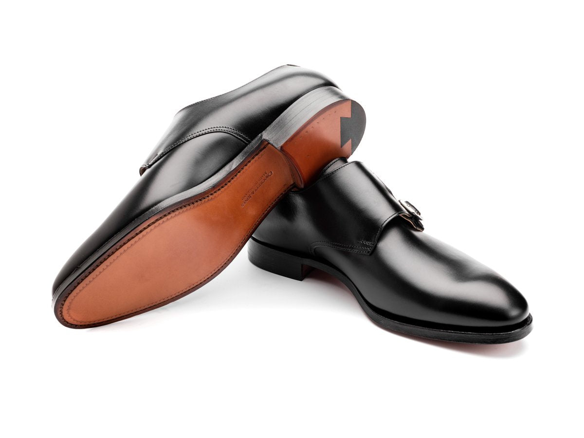 Leather sole of Crockett & Jones Melbourne plain toe double monk strap shoes in black calf
