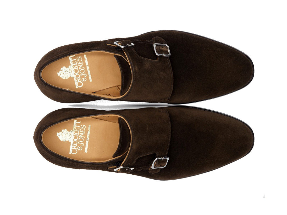 Top view of Crockett & Jones Melbourne plain toe double monk strap shoes in dark brown suede