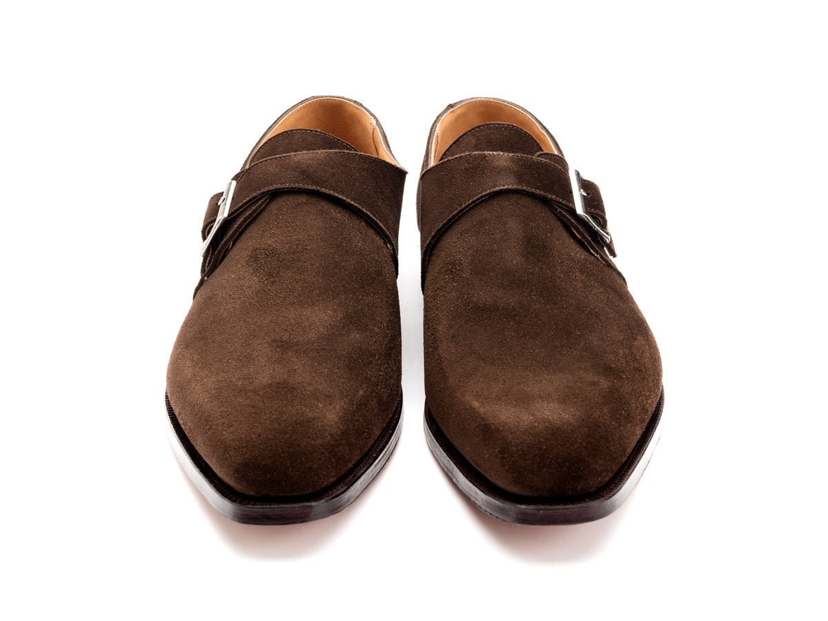 Front view of Crockett & Jones Monkton plain toe single monk strap shoes in dark brown suede