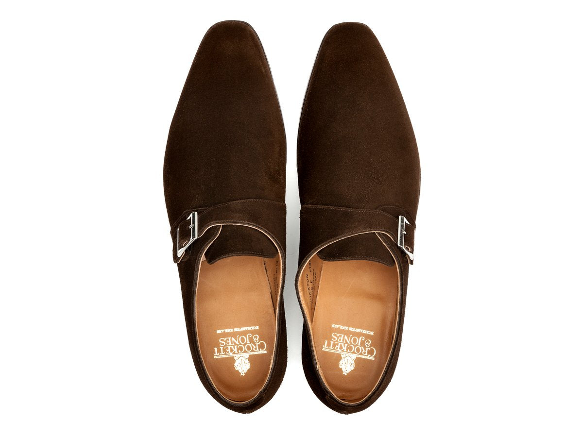 Top view of Crockett & Jones Monkton plain toe single monk strap shoes in dark brown suede
