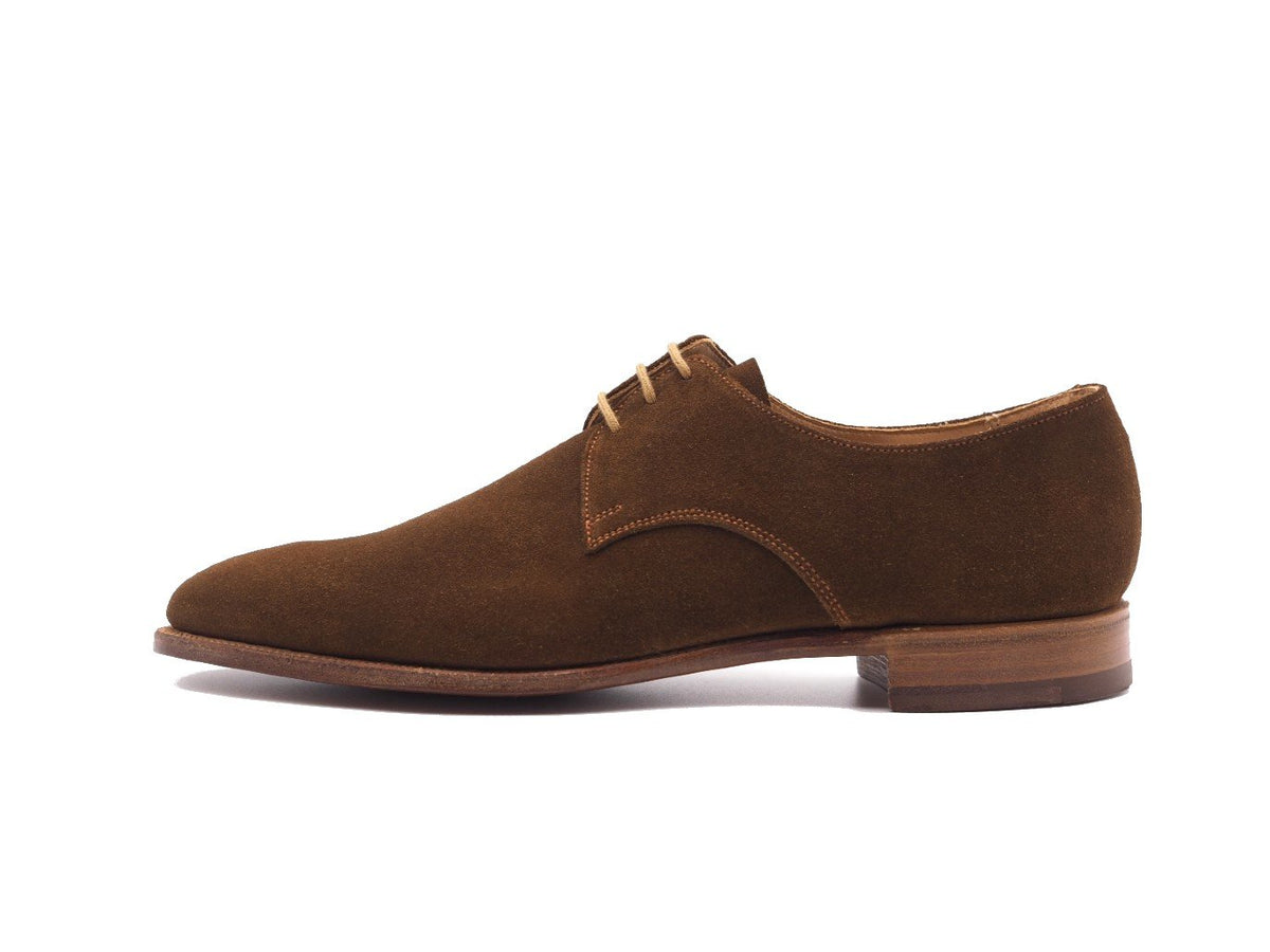 Side view of Crockett & Jones Newquay plain toe derby shoes in snuff suede