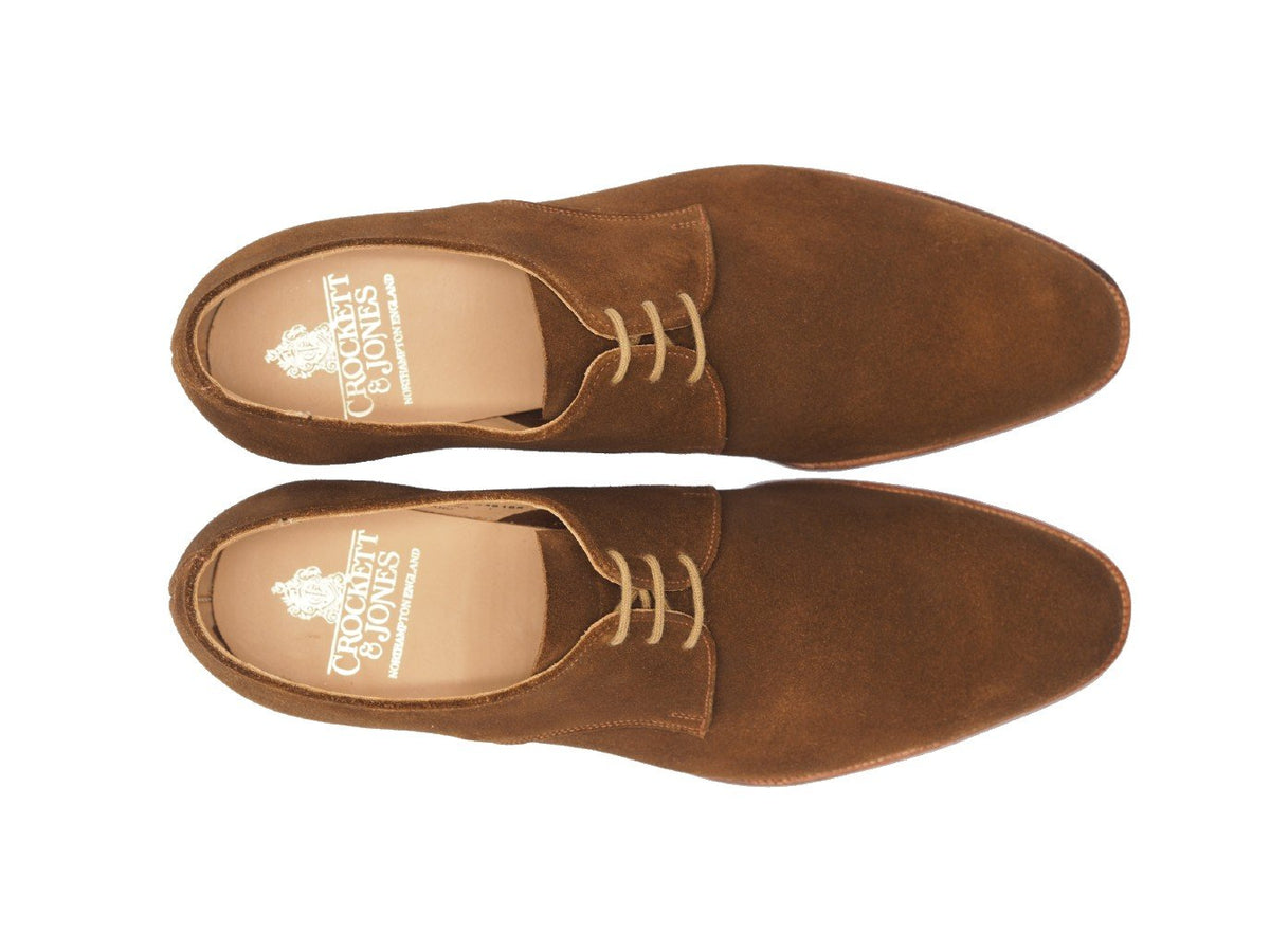 Top view of Crockett & Jones Newquay plain toe derby shoes in snuff suede