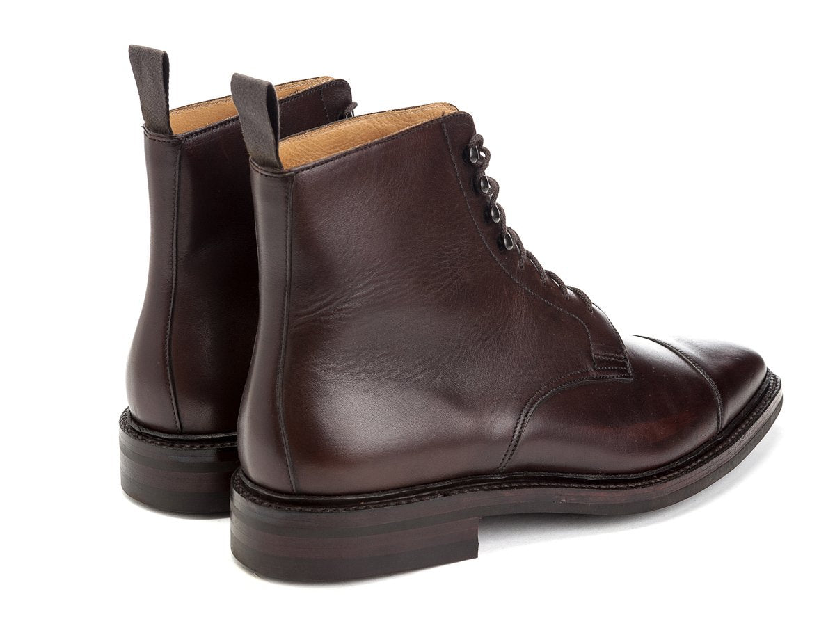 Back angle view of Crockett & Jones Northcote field boots in dark brown calf