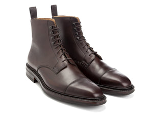 Front angle view of Crockett & Jones Northcote field boots in dark brown calf