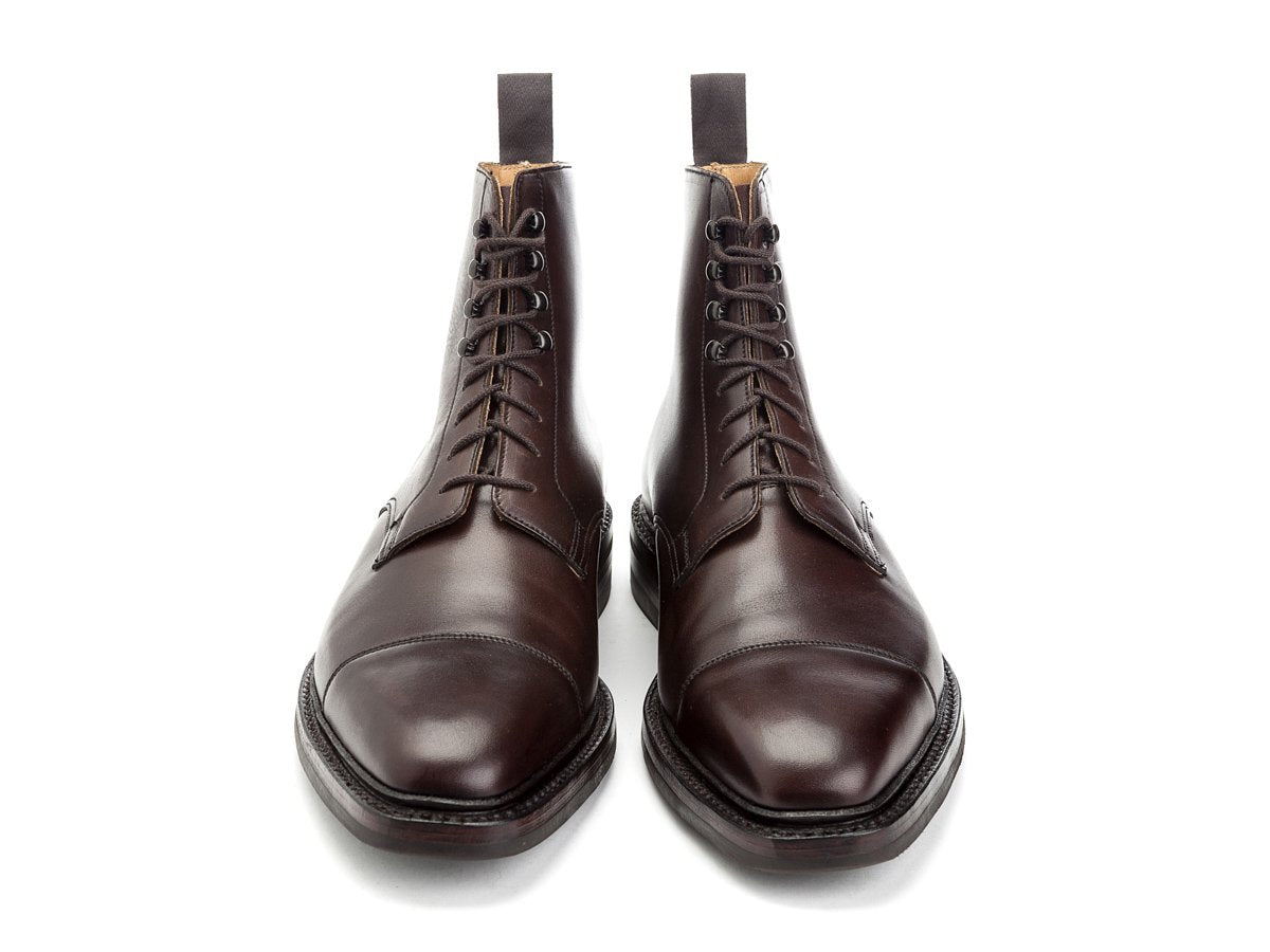 Front view of Crockett & Jones Northcote field boots in dark brown calf