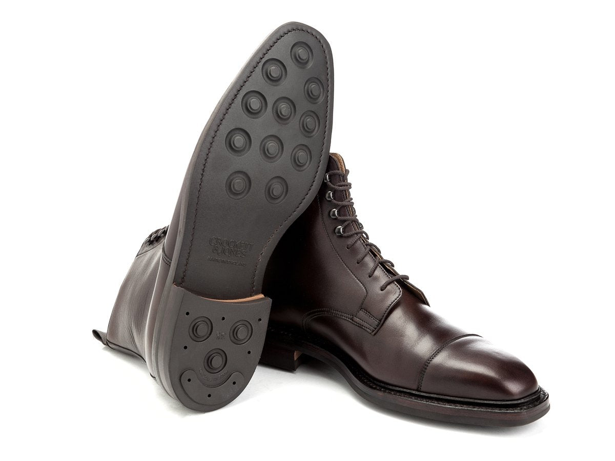 Dainite rubber sole of Crockett & Jones Northcote field boots in dark brown calf