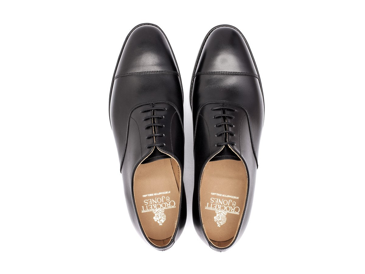 Top view of Crockett & Jones Radstock plain captoe oxford shoes in black calf