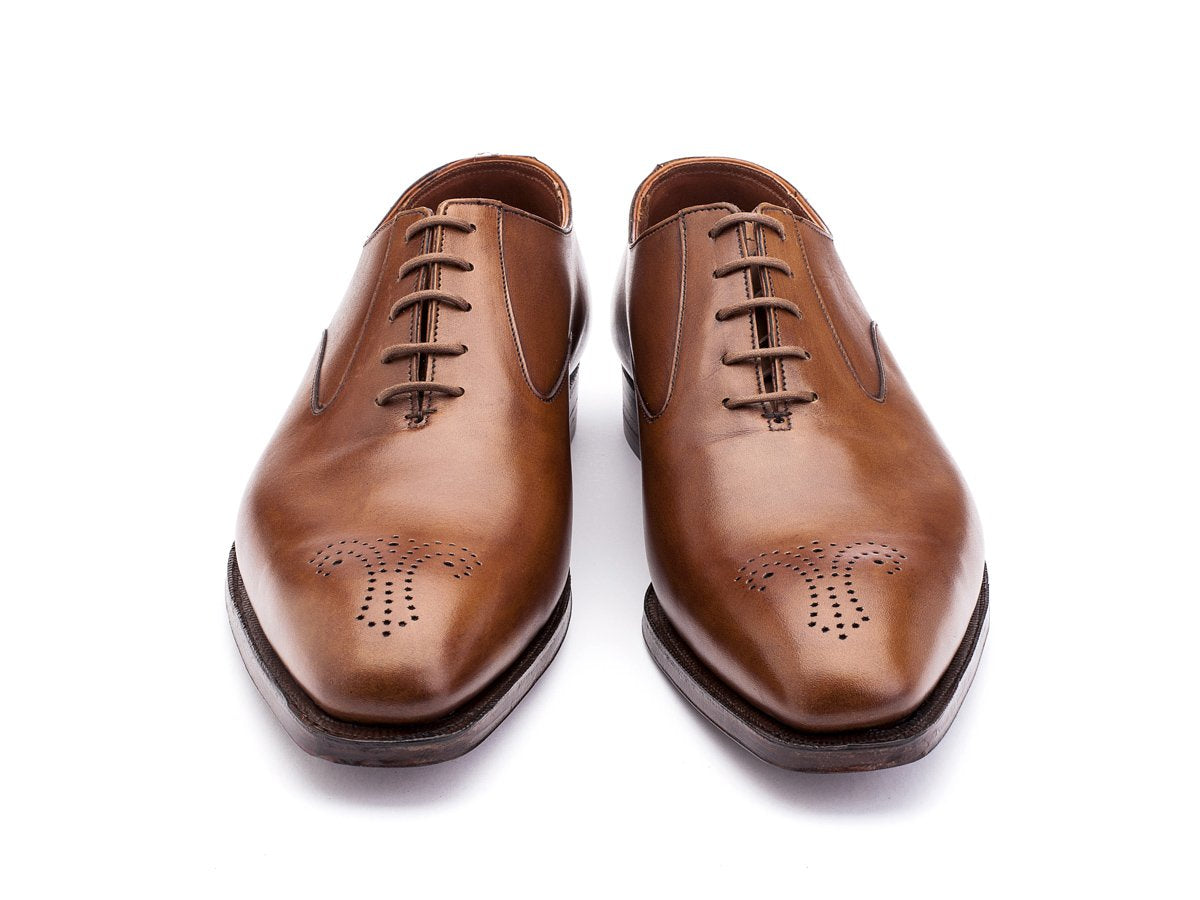 Front view of Crockett & Jones Rosemoor medallion brogue oxford shoes in tan antique calf