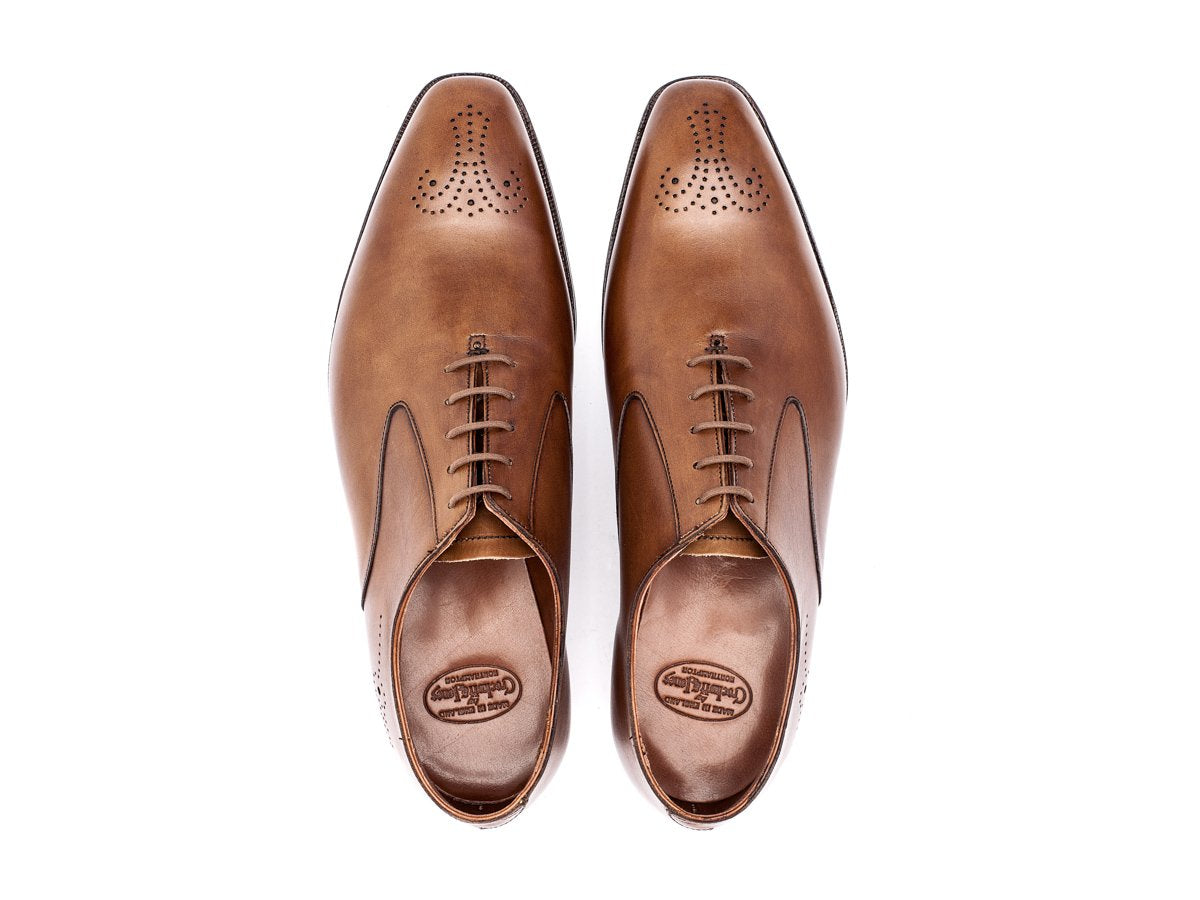 Top view of Crockett & Jones Rosemoor medallion brogue oxford shoes in tan antique calf