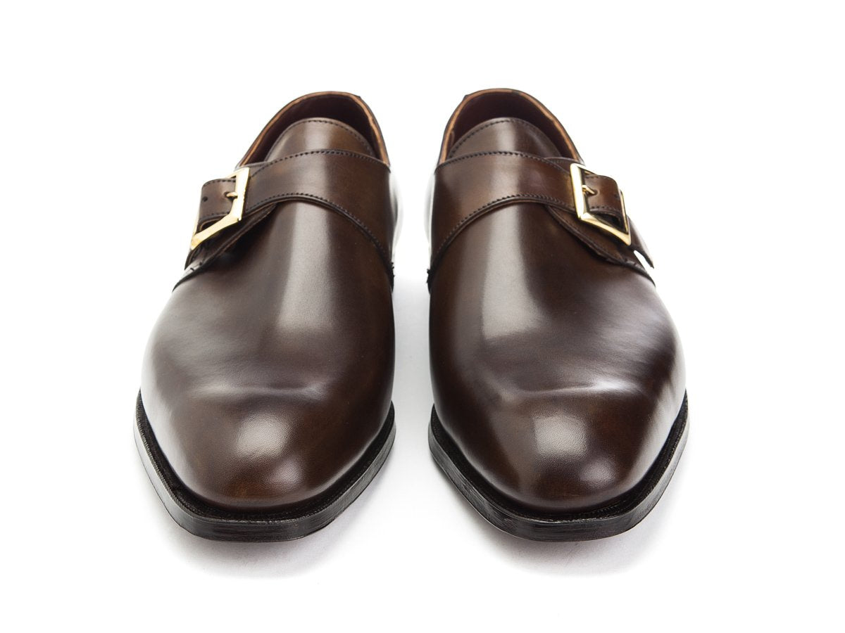 Front view of Crockett & Jones Savile plain toe single monk strap shoes in dark brown antique calf