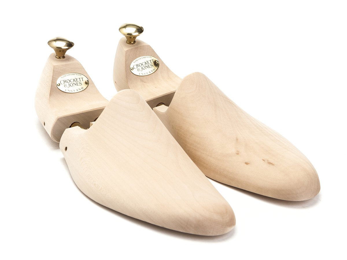 Front angle view of Crockett & Jones limewood shoe trees