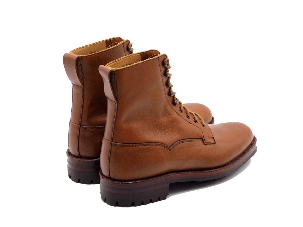 Back angle view of Crockett & Jones Snowdon plain toe derby field boots in oak wax hide