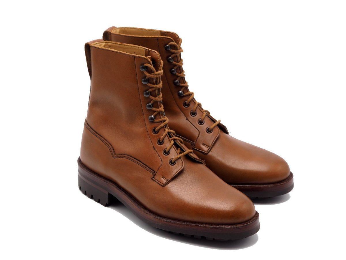 Front angle view of Crockett & Jones Snowdon plain toe derby field boots in oak wax hide