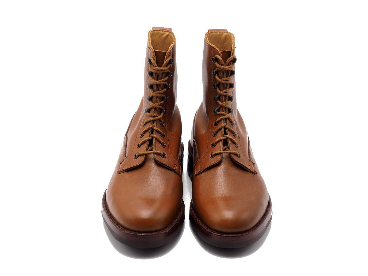 Front view of Crockett & Jones Snowdon plain toe derby field boots in oak wax hide