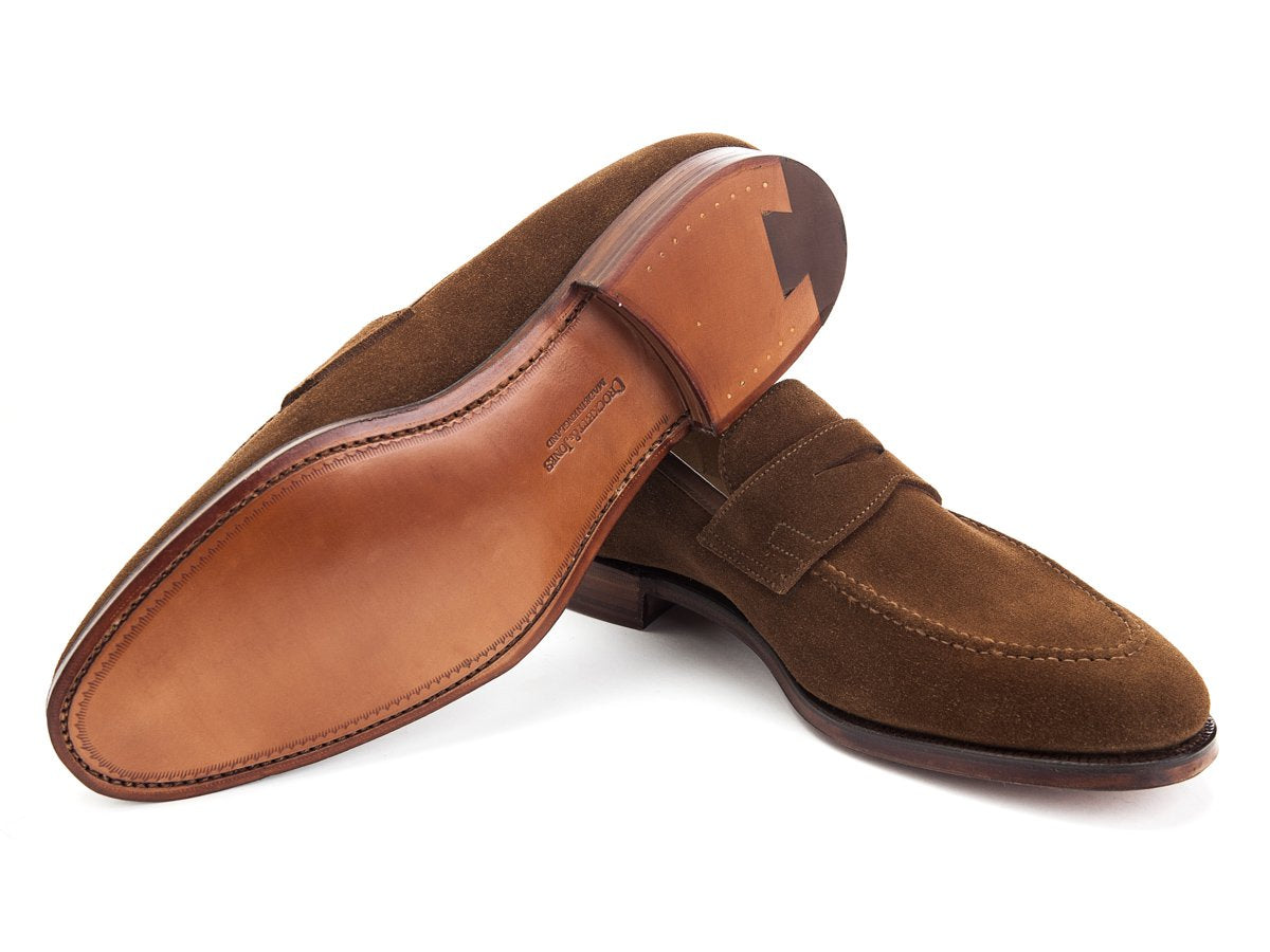 Leather sole of Crockett & Jones Sydney penny loafers in snuff suede