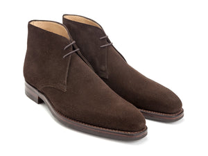 Front angle view of Crockett & Jones Tetbury chukka boots in dark brown suede