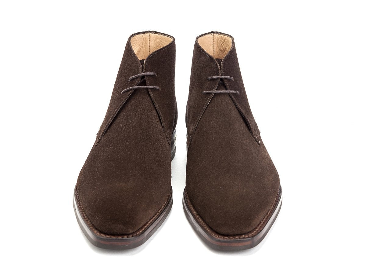 Front view of Crockett & Jones Tetbury chukka boots in dark brown suede