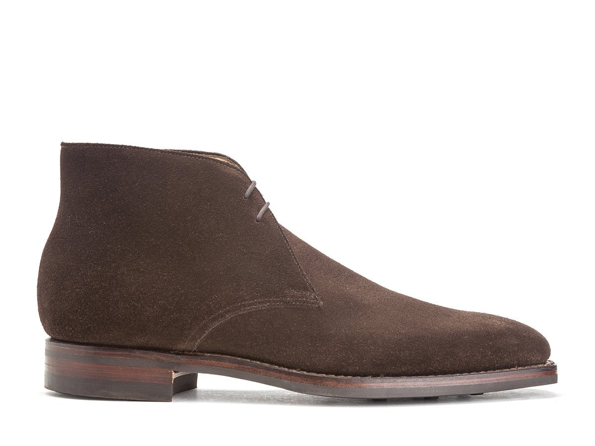 Side view of Crockett & Jones Tetbury chukka boots in dark brown suede
