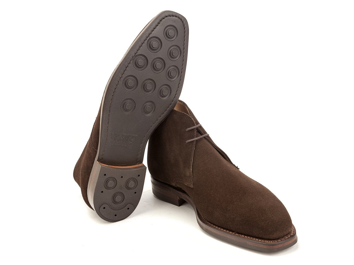 Dainite rubber sole of Crockett & Jones Tetbury chukka boots in dark brown suede