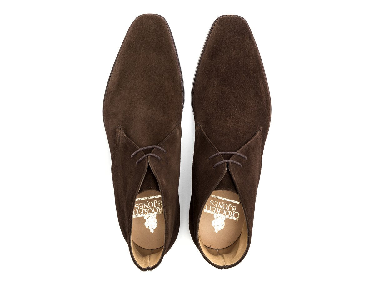 Top view of Crockett & Jones Tetbury chukka boots in dark brown suede