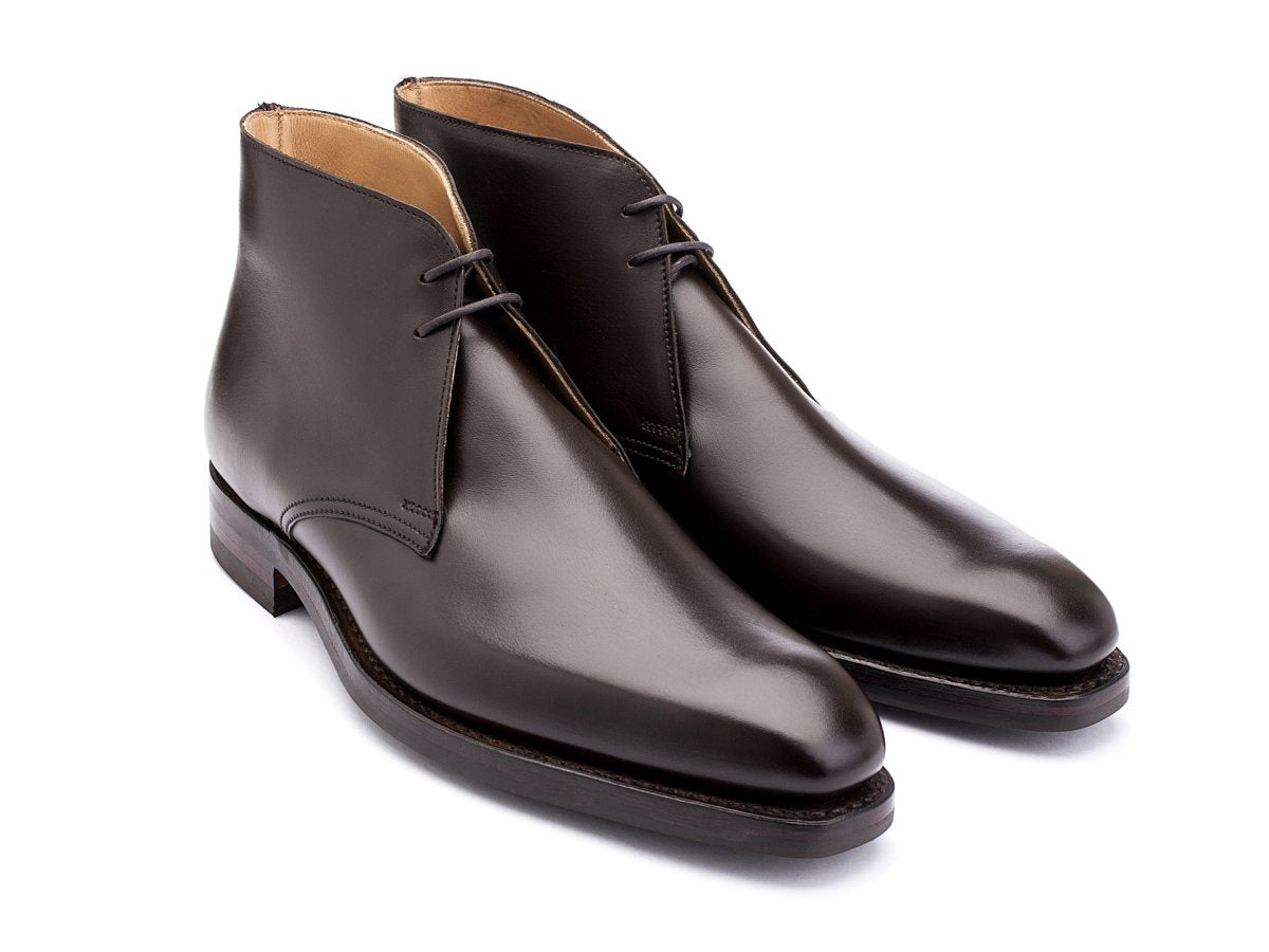 Front angle view of Crockett & Jones Tetbury chukka boots in dark brown calf