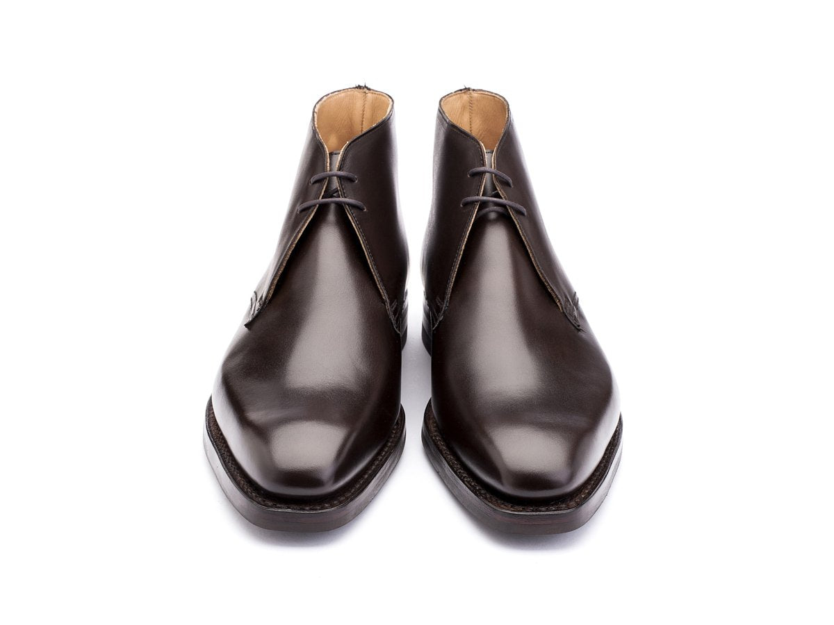 Front view of Crockett & Jones Tetbury chukka boots in dark brown calf