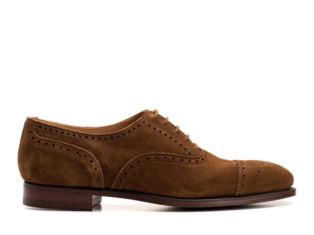 Side view of Crockett & Jones Westfield half brogue oxford shoes in tobacco suede