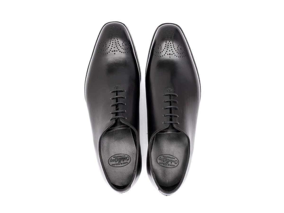 Top view of Crockett & Jones Weymouth wholecut medallion oxford shoes in black calf