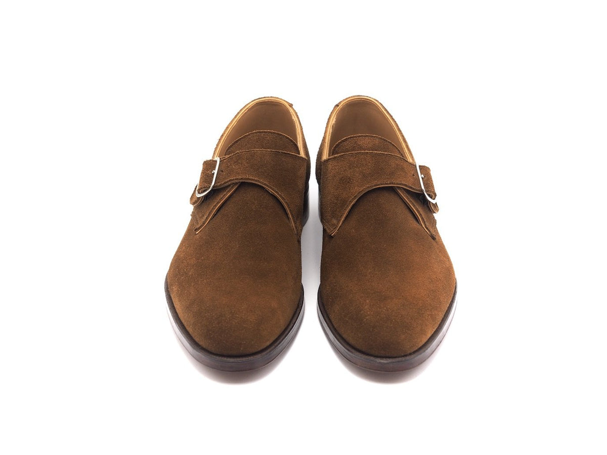 Front view of Crockett & Jones Woollahra plain toe single monk strap shoes in tobacco suede