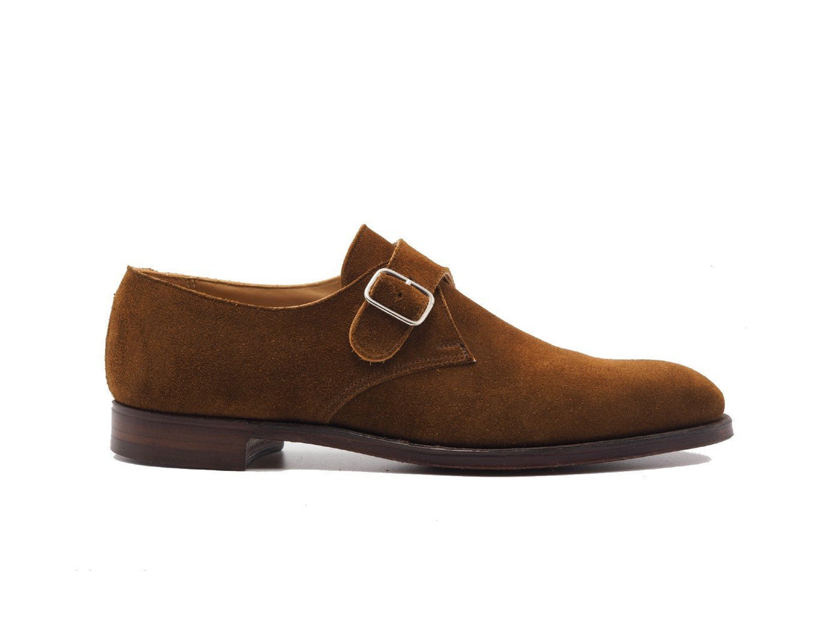 Side view of Crockett & Jones Woollahra plain toe single monk strap shoes in tobacco suede