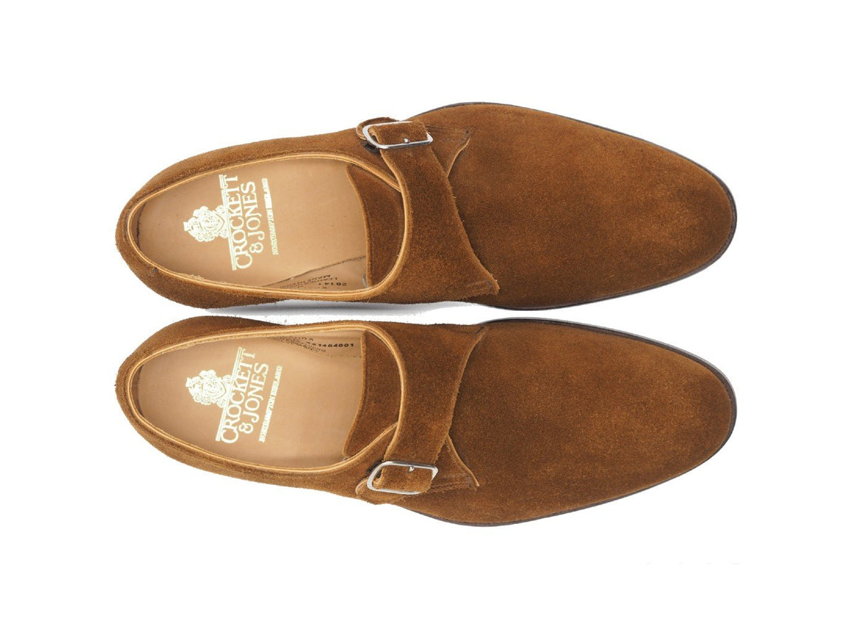 Top view of Crockett & Jones Woollahra plain toe single monk strap shoes in tobacco suede