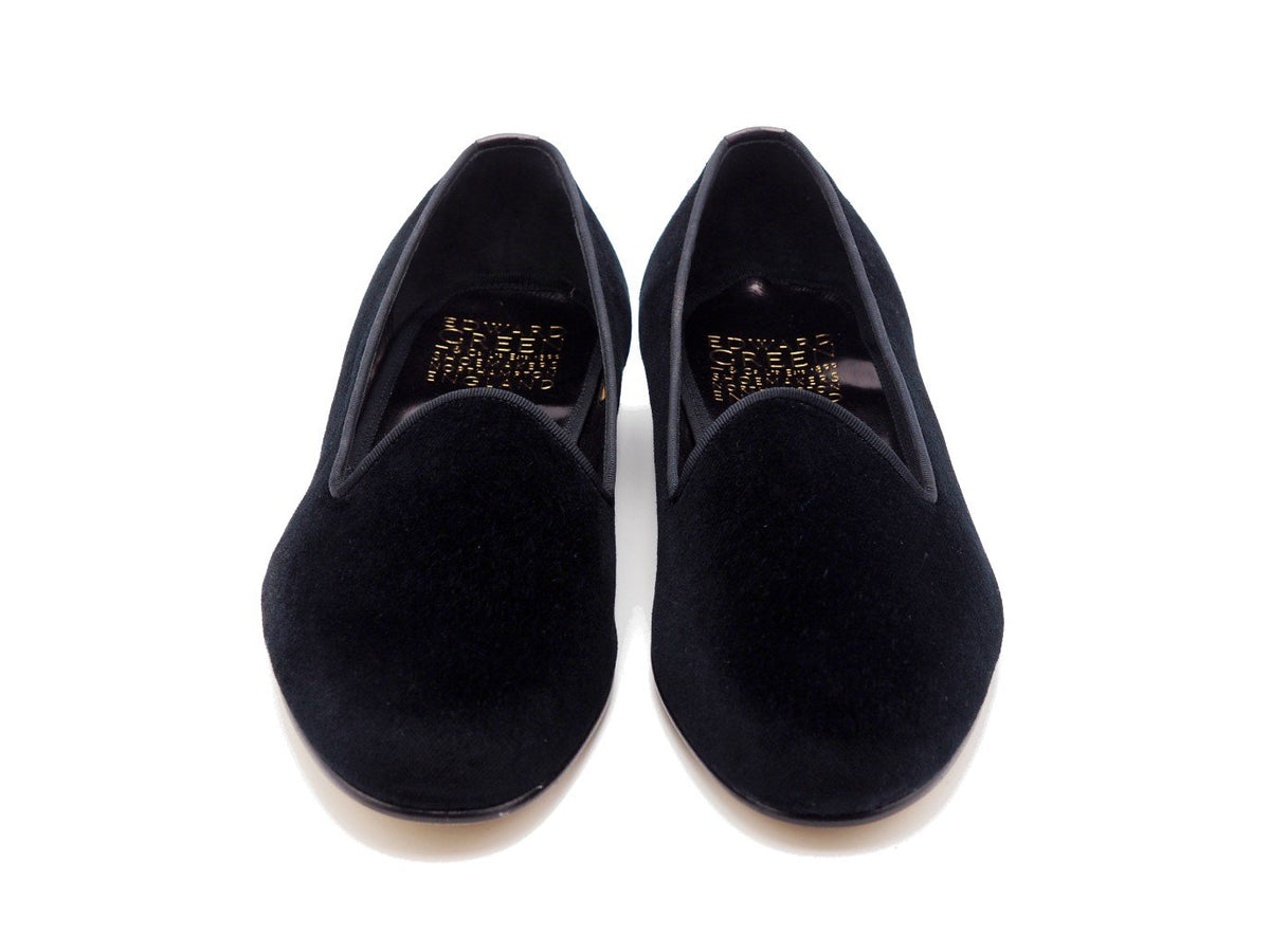 Front view of Edward Green Albert slippers in black velvet