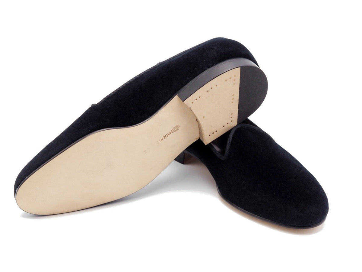 Leather sole of Edward Green Albert slippers in black velvet