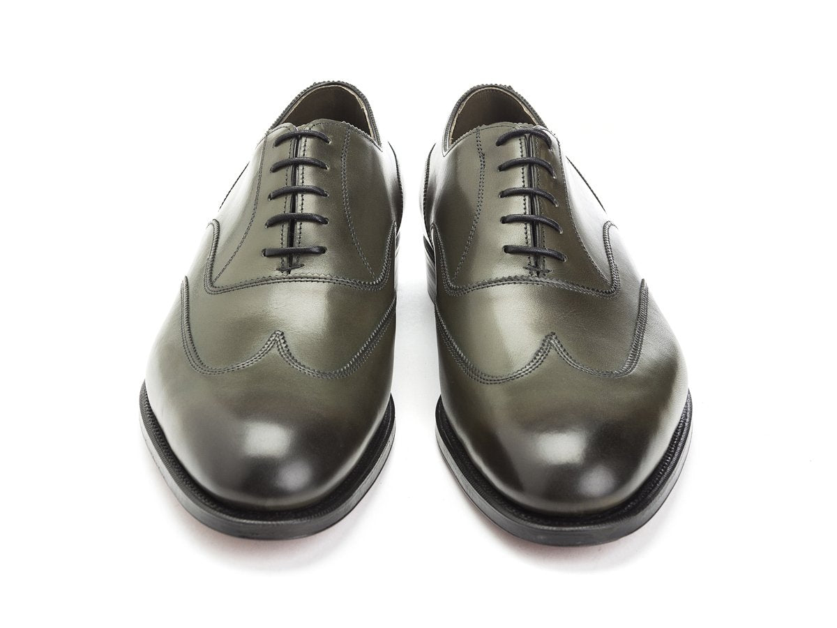 Front view of Edward Green Beaulieu austerity wingtip brogue oxford shoes in olive antique calf