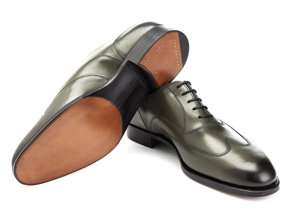 Leather sole of Edward Green Beaulieu austerity wingtip brogue oxford shoes in olive antique calf
