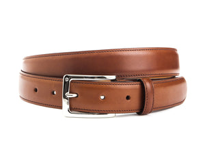 Front view of Edward Green chestnut antique belt with nickel buckle
