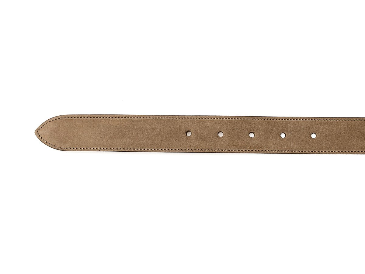 Edward Green taupe nubuck belt punch holes and end