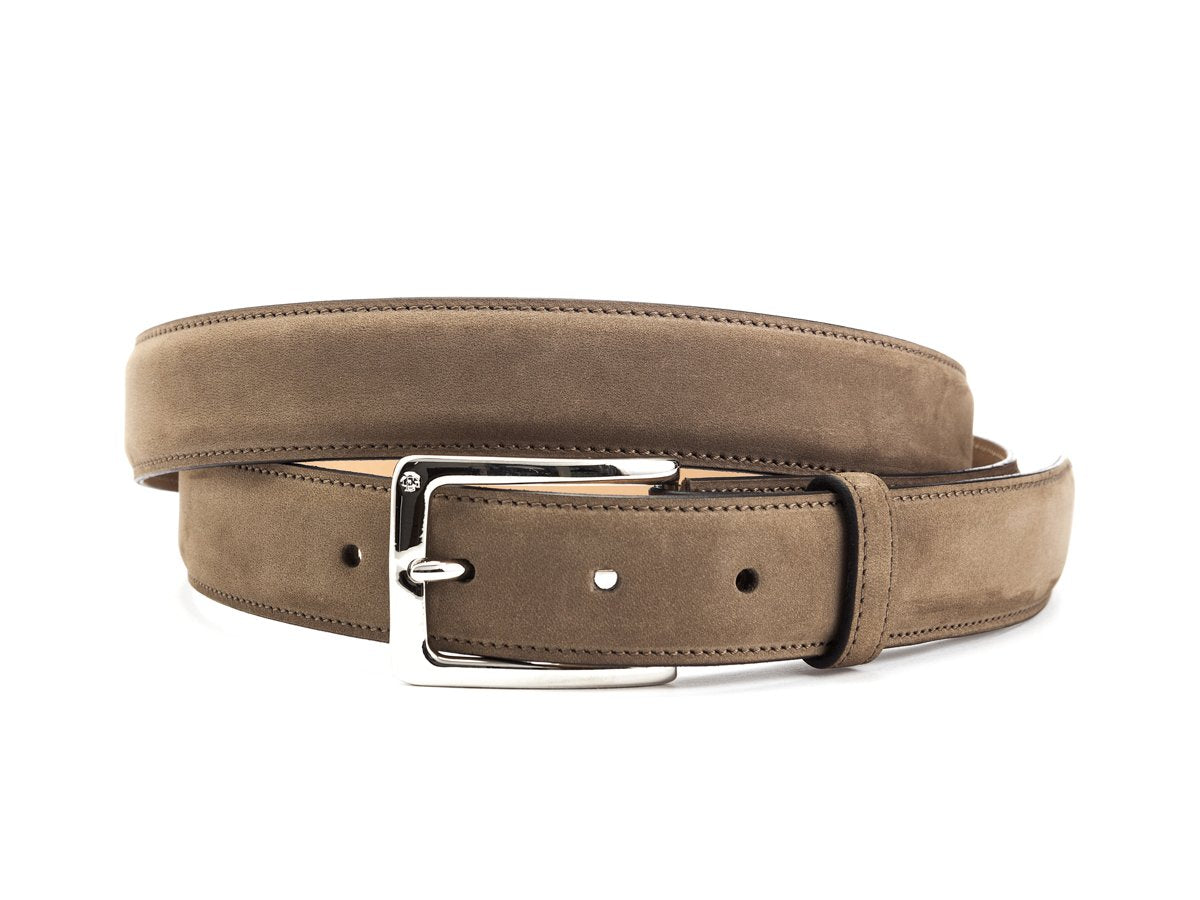 Front view of Edward Green taupe nubuck belt with nickel buckle