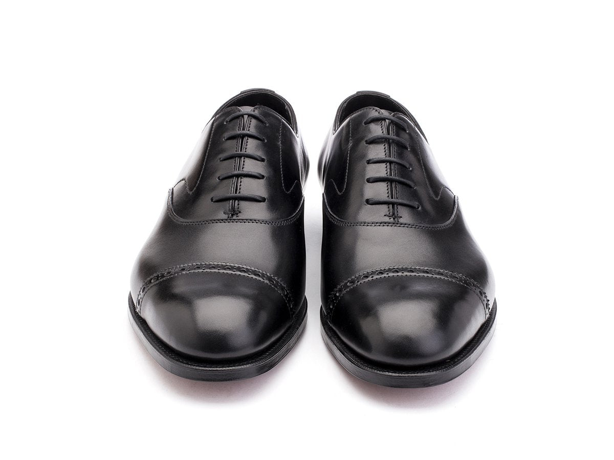 Front view of F width Edward Green Berkeley quarter brogue oxford shoes in black calf