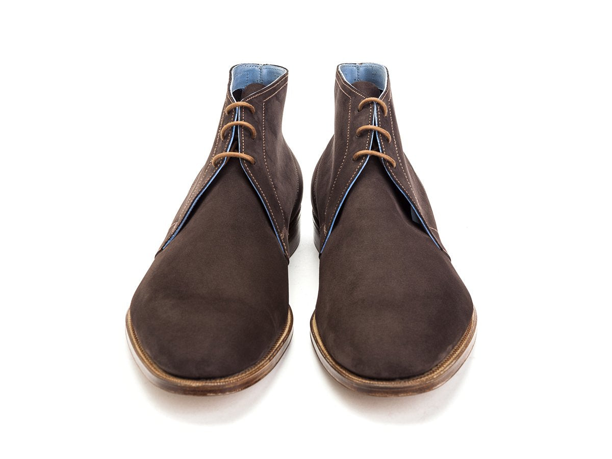 Front view of Edward Green Cherwell chukka boots in chocolate nubuck