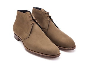 Front angle view of Edward Green F width Cherwell chukka boots in taupe nubuck