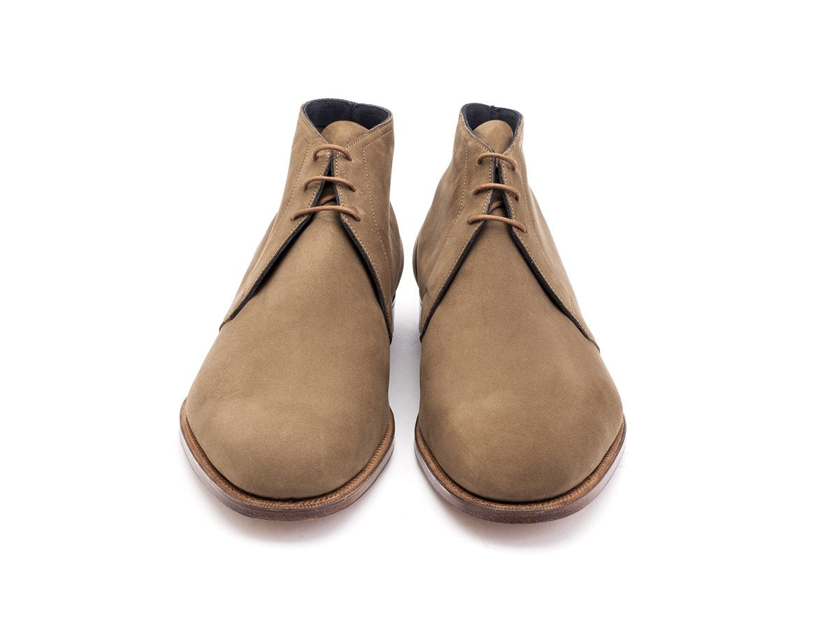 Front view of Edward Green F width Cherwell chukka boots in taupe nubuck
