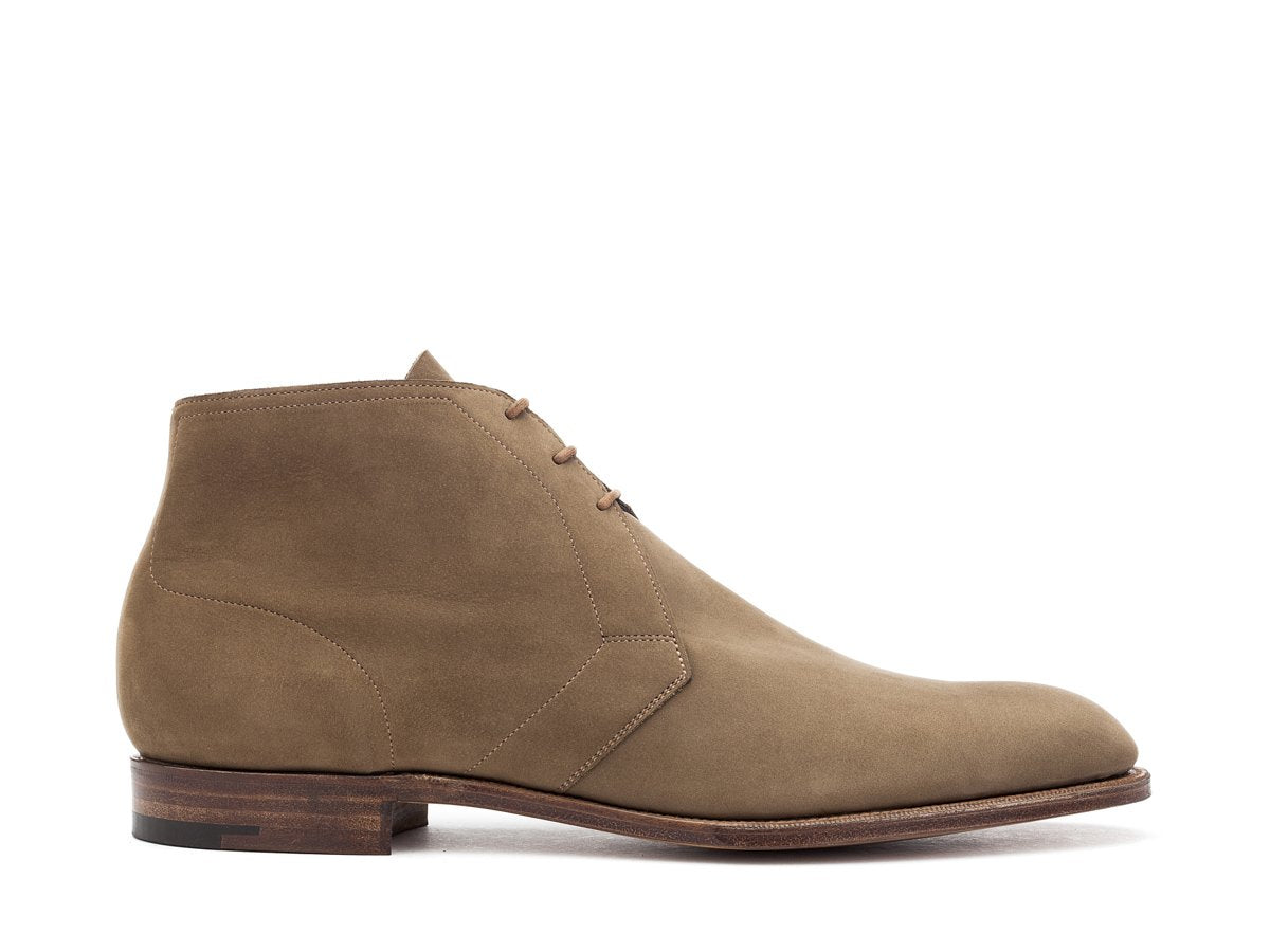 Side view of Edward Green F width Cherwell chukka boots in taupe nubuck