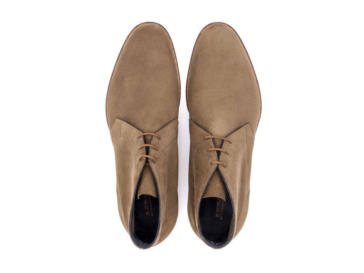 Top view of Edward Green F width Cherwell chukka boots in taupe nubuck