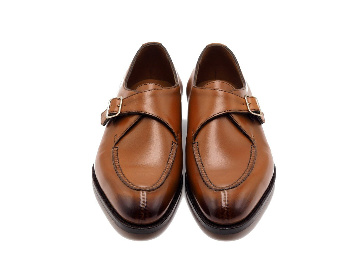 Front view of Edward Green Clapham split toe single monk strap shoes in chestnut antique calf