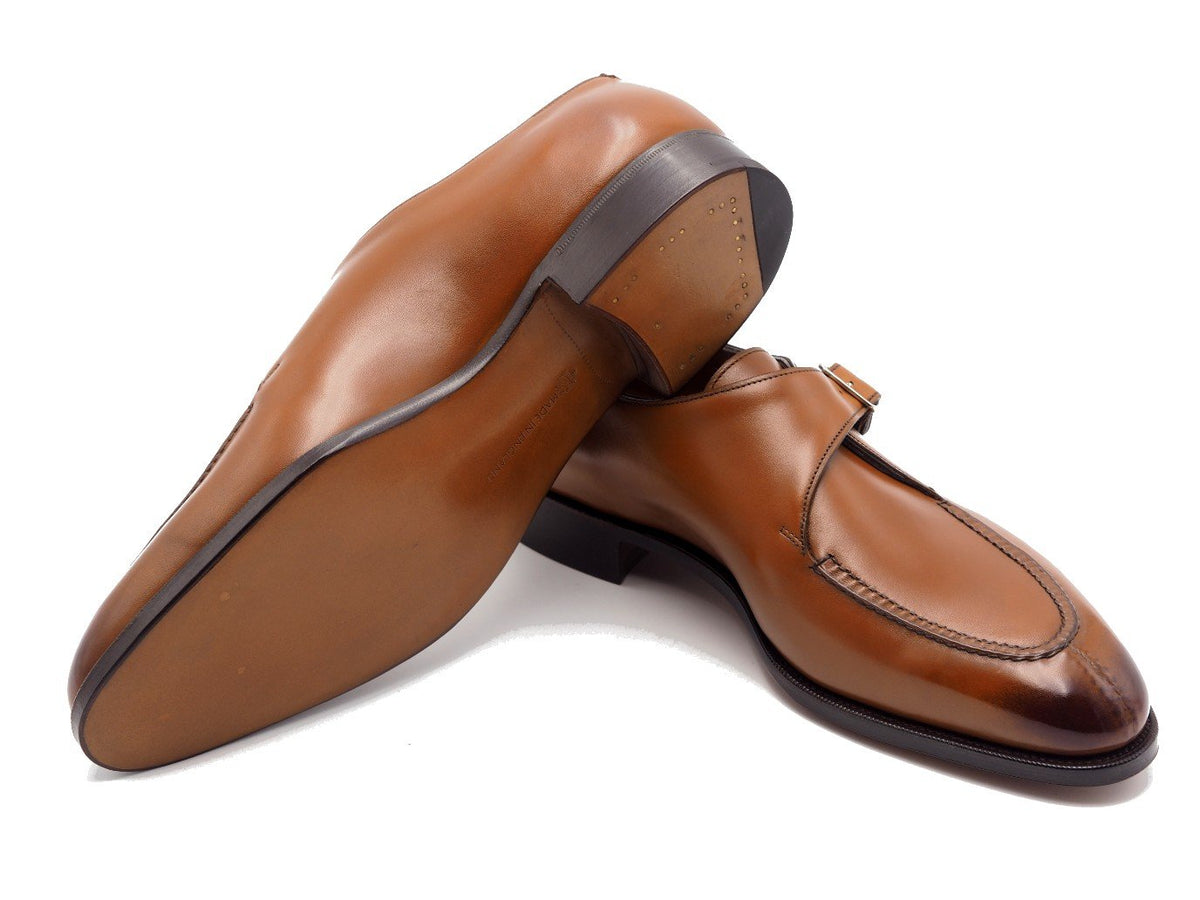 Leather sole of Edward Green Clapham split toe single monk strap shoes in chestnut antique calf
