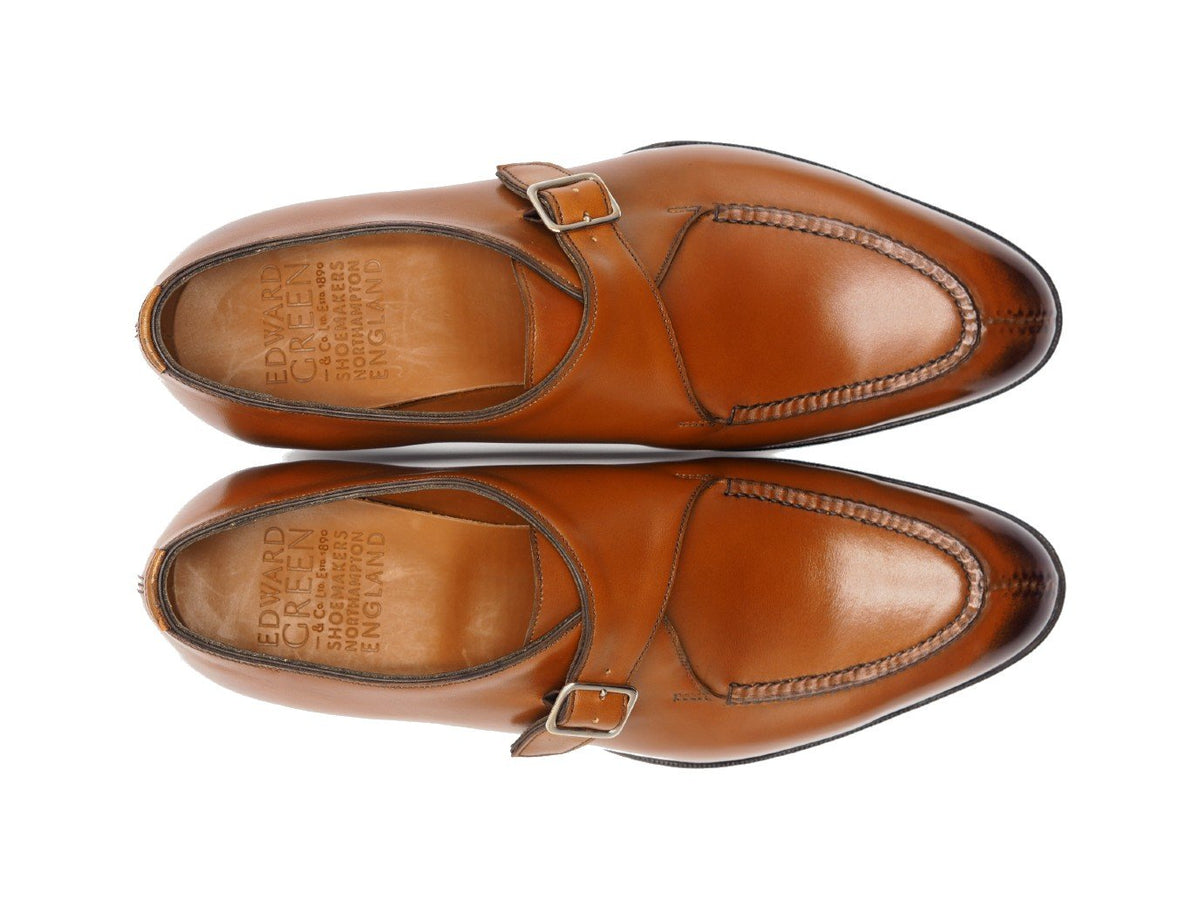 Top view of Edward Green Clapham split toe single monk strap shoes in chestnut antique calf