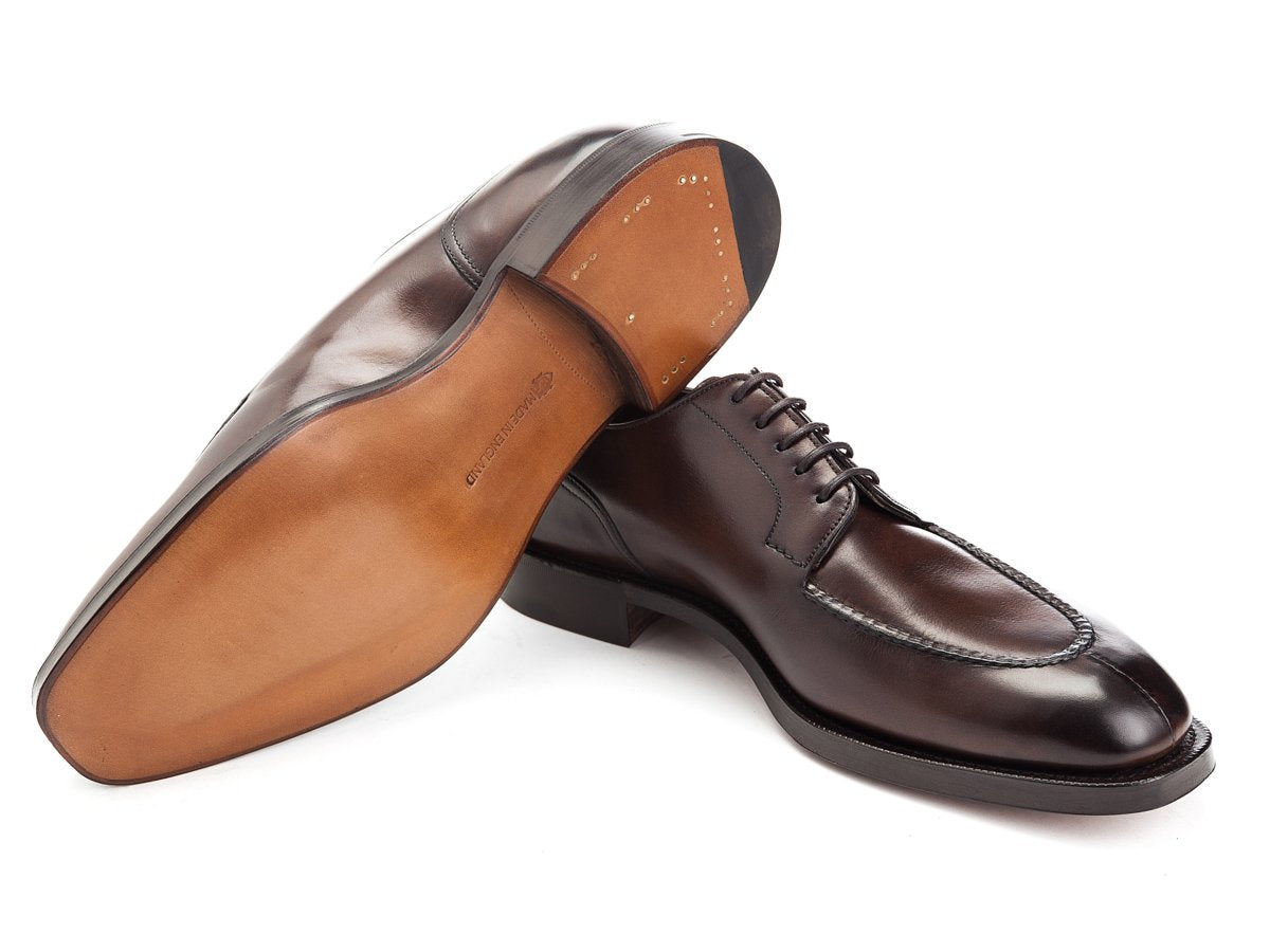 Leather sole of Edward Green Dover split toe derby shoes in dark oak antique calf