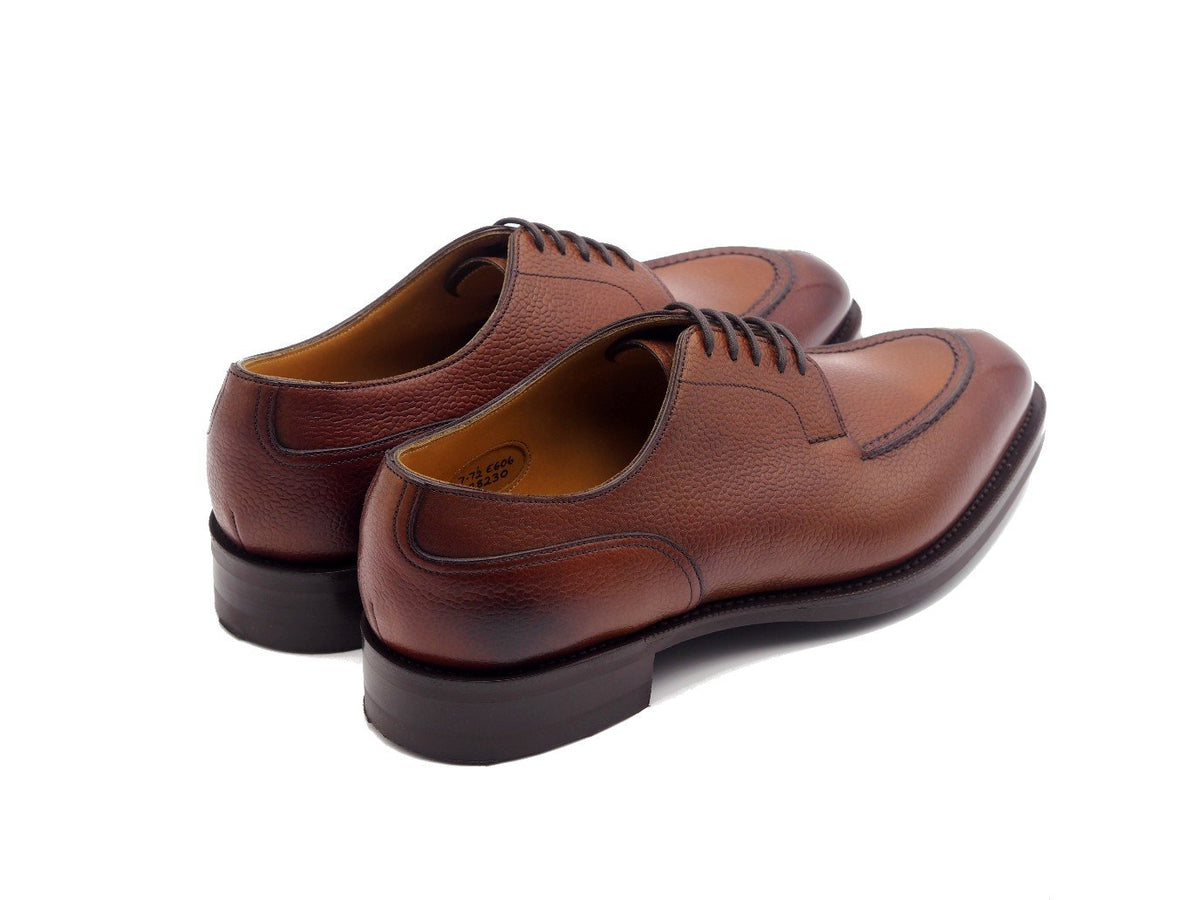 Back angle view of Edward Green Dover split toe derby shoes in rosewood country calf
