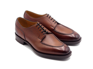 Front angle view of Edward Green Dover split toe derby shoes in rosewood country calf